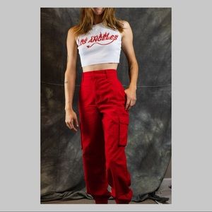 Red cargo pants/joggers.